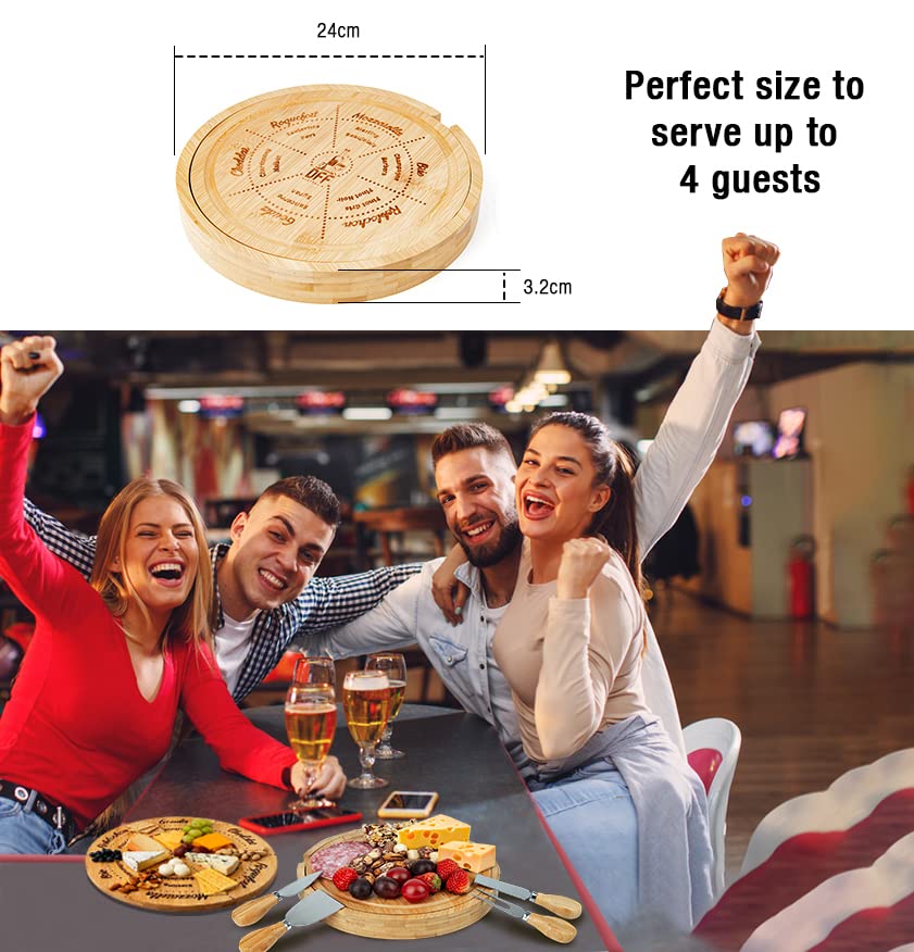 New Bamboo Cheese Board with Knife Set - Round Charcuterie Serving Tray with Engraved Cheese & Drinks Name - Wooden Cheese & Meat, Included Stainless Steel Knives & Cutlery