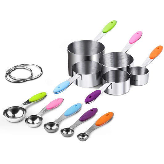 Measuring Cups & Spoons Set, 10 PCS - Stainless Steel Long Handled Teaspoon & Tablespoon for Liquid & Dry Ingredients Measure, Cooking, Baking – Stackable Dishwasher Safe Nesting
