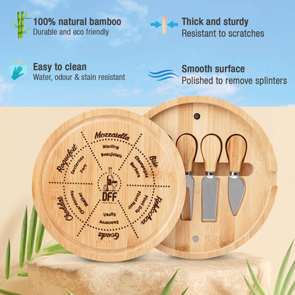 New Bamboo Cheese Board with Knife Set - Round Charcuterie Serving Tray with Engraved Cheese & Drinks Name - Wooden Cheese & Meat, Included Stainless Steel Knives & Cutlery