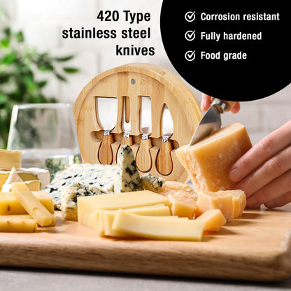 New Bamboo Cheese Board with Knife Set - Round Charcuterie Serving Tray with Engraved Cheese & Drinks Name - Wooden Cheese & Meat, Included Stainless Steel Knives & Cutlery