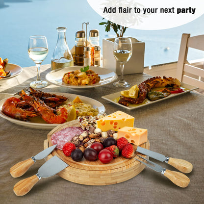 New Bamboo Cheese Board with Knife Set - Round Charcuterie Serving Tray with Engraved Cheese & Drinks Name - Wooden Cheese & Meat, Included Stainless Steel Knives & Cutlery