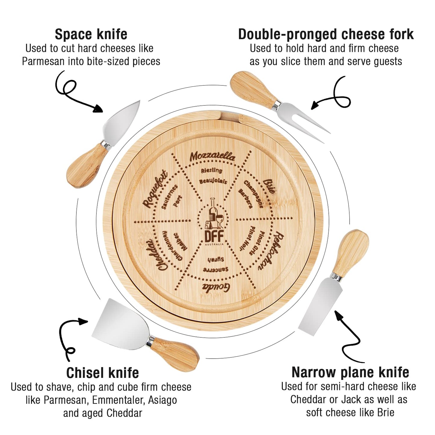 New Bamboo Cheese Board with Knife Set - Round Charcuterie Serving Tray with Engraved Cheese & Drinks Name - Wooden Cheese & Meat, Included Stainless Steel Knives & Cutlery