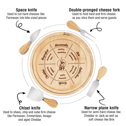 New Bamboo Cheese Board with Knife Set - Round Charcuterie Serving Tray with Engraved Cheese & Drinks Name - Wooden Cheese & Meat, Included Stainless Steel Knives & Cutlery