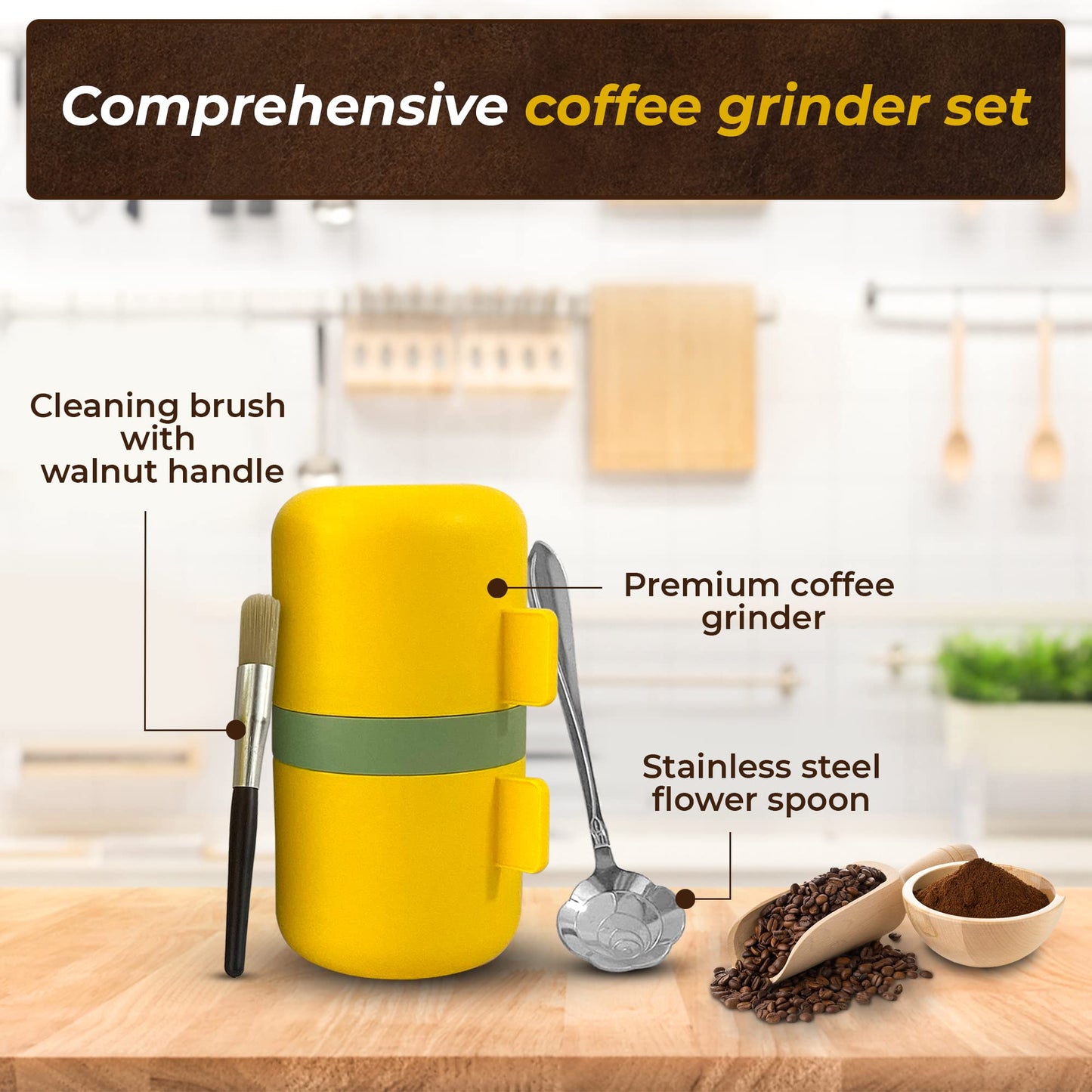 DIRECT FROM FACTORY Coffee Grinder Set with Flower Spoon & Brush, Stainless Steel & Ceramic Burr - Portable Coffee Bean Grinder - Manual Hand for French Press, Drip & Espresso