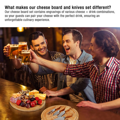 New Bamboo Cheese Board with Knife Set - Round Charcuterie Serving Tray with Engraved Cheese & Drinks Name - Wooden Cheese & Meat, Included Stainless Steel Knives & Cutlery