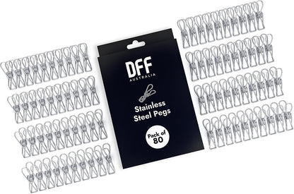 Stainless Steel Pegs (Pack of 80) – 5.5x1.3x2.5 cm, Metal Hanging Clips for Clothes, Towels, Socks, Pictures, Paper – Heavy Duty, Windproof, Multipurpose Wire Pins for Laundry