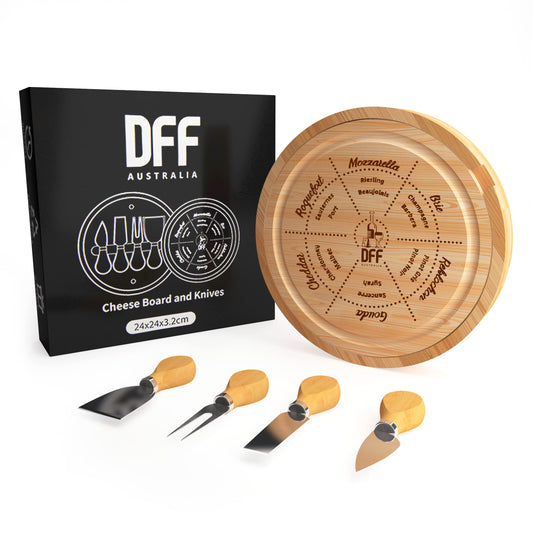 New Bamboo Cheese Board with Knife Set - Round Charcuterie Serving Tray with Engraved Cheese & Drinks Name - Wooden Cheese & Meat, Included Stainless Steel Knives & Cutlery