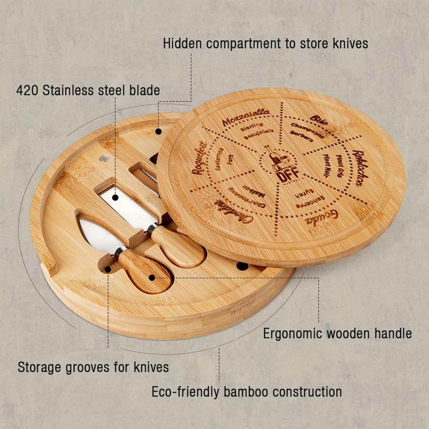 New Bamboo Cheese Board with Knife Set - Round Charcuterie Serving Tray with Engraved Cheese & Drinks Name - Wooden Cheese & Meat, Included Stainless Steel Knives & Cutlery