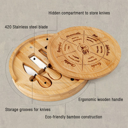 New Bamboo Cheese Board with Knife Set - Round Charcuterie Serving Tray with Engraved Cheese & Drinks Name - Wooden Cheese & Meat, Included Stainless Steel Knives & Cutlery
