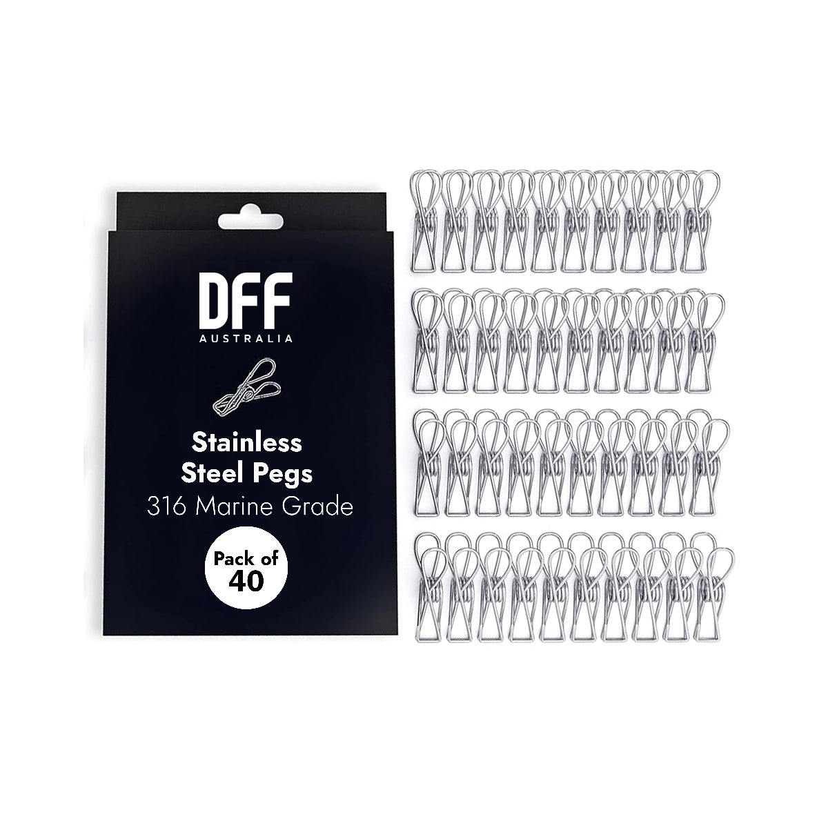 316 Marine Grade Stainless Steel Pegs (Pack of 40), 5.5x1.3x2.5 cm, 1.7mm thickness Multipurpose Wire Pins, Metal Hanging Clips for Laundry, Clothes, Towels, Socks, Pictures, Paper