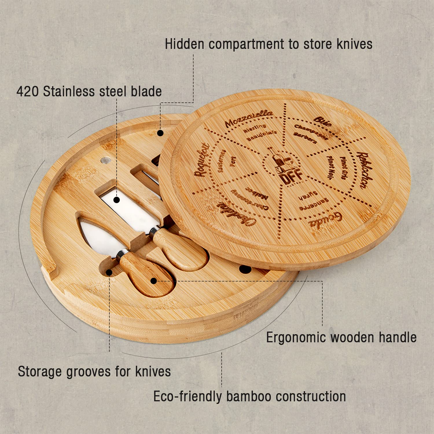 Bamboo Cheese Board & Knife Set details